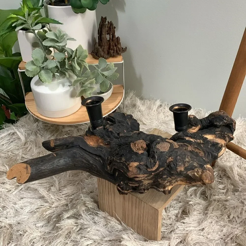 Blackened Burl Wood‎ Candle Holder Boho Rustic Decor Vintage Retro